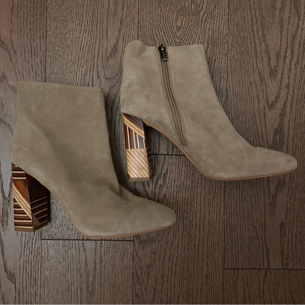 Vince Camuto Taupe Heeled Boots with Wooden Accent